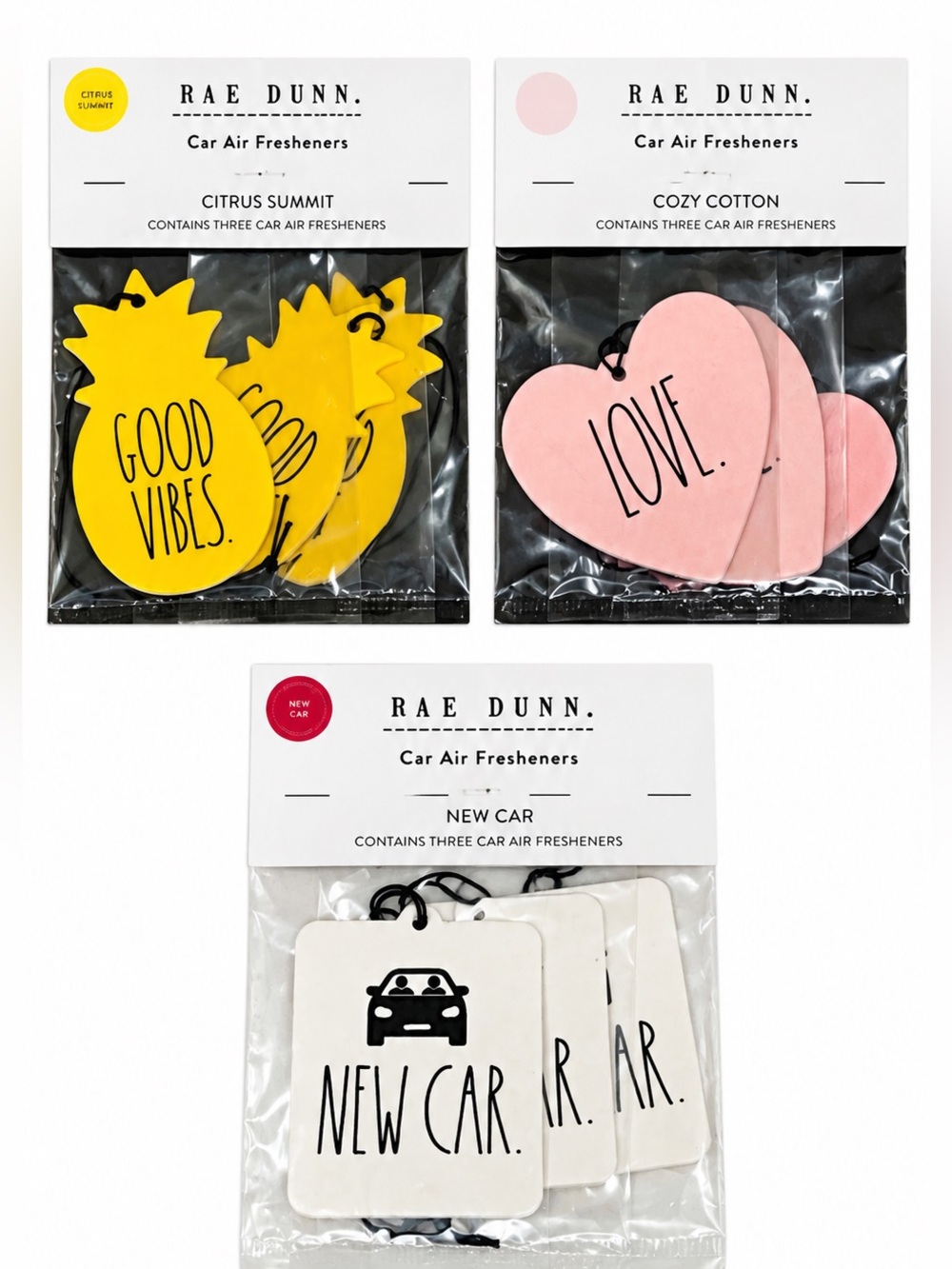 Rae Dunn Car Air Fresheners 3 Packs 9 Total Good Vibes Love New Car NEW